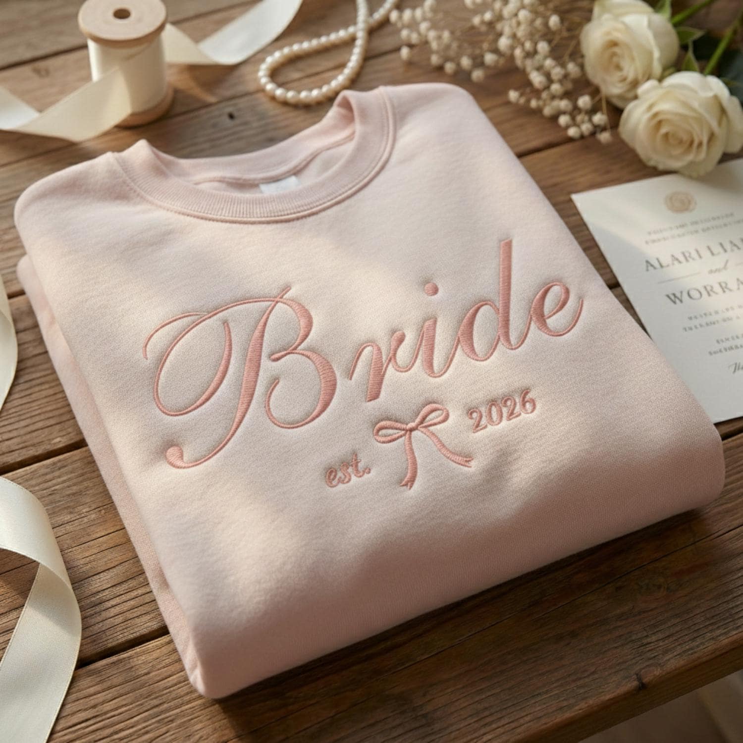 Embroidered Bride, Bridesmaid or Maid of Honor Sweatshirt, Custom Wedding Date, Personalized Bridal Party Gift, Bachelorette Crewneck