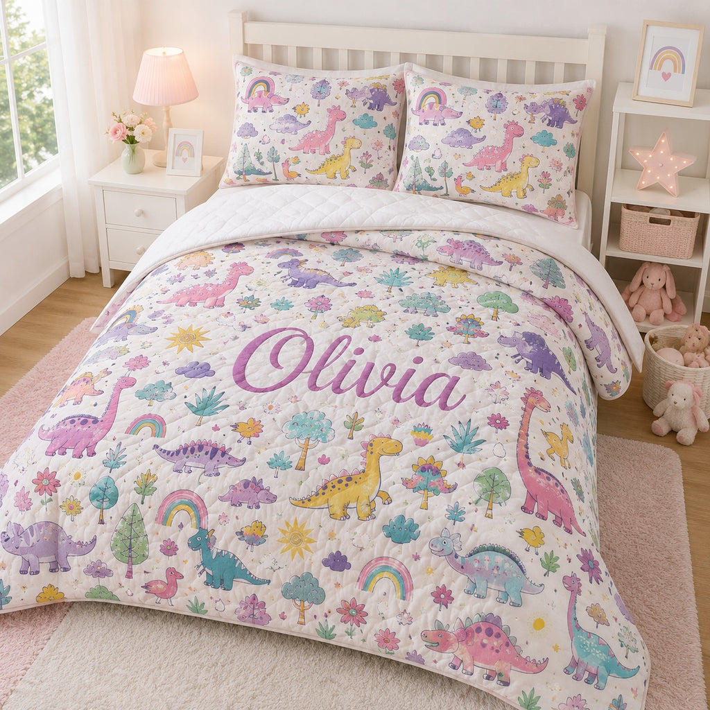Dinosaur Blanket, Dinosaur & Floral Quilted Bedding Set, Cute Kids Quilt Set with Pillow Covers, Dinosaur Bedroom Decor QBEDSET05