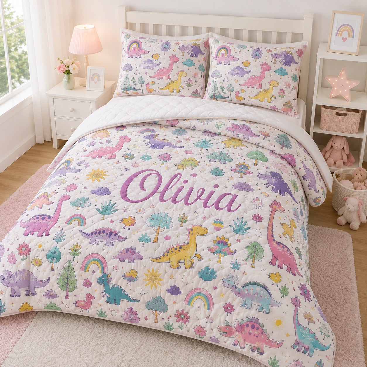 Dinosaur Blanket, Dinosaur & Floral Quilted Bedding Set, Cute Kids Quilt Set with Pillow Covers, Dinosaur Bedroom Decor QBEDSET05
