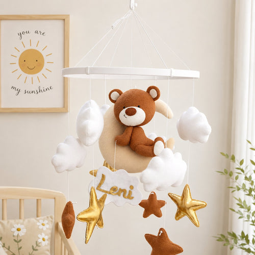 Bear Felt Baby Mobile, Moon Star and Cloud Crib Mobile, Custom Name Neutral Nursery Decor, Baby Shower Gift BBMB25