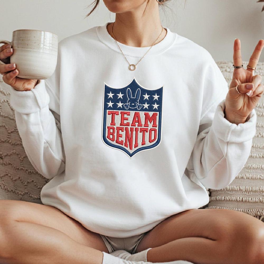 Team Benito Football Embroidered Sweatshirt – Puerto Rico Rabbit Shield Design, Latino Sports Fan Crewneck