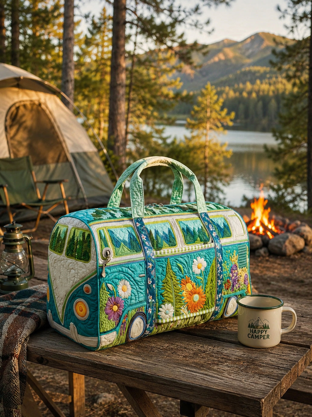 Camping Quilted Duffle Bag, Forest Pattern Duffle Bag, Overnight Bag, Quilted Travel Bag, Quilted Weekend Bag, Custom Bag Gift DFB07