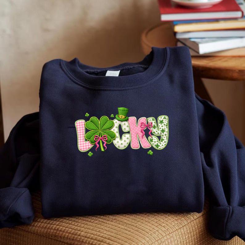 Coquette Lucky Embroidered Sweatshirt, Checkered Shamrock Crewneck, St Patrick’s Day Clover Shirt