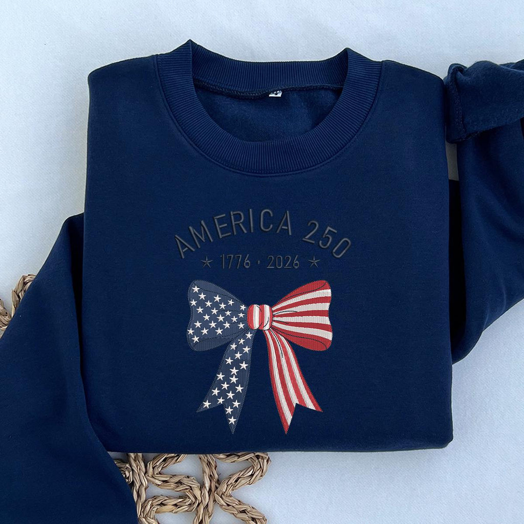 America 250th Anniversary Bow Embroidery Sweatshirt – Patriotic USA Flag Ribbon 1776–2026, Machine Embroidered Crewneck