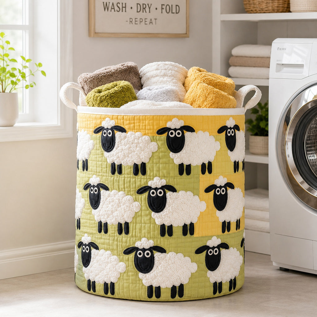Sheep Pattern Quilted Laundry Basket, Lamb Storage Hamper, Custom Name Quilted Basket, Laundry Room Decor, Fabric Clothes Basket QBK81