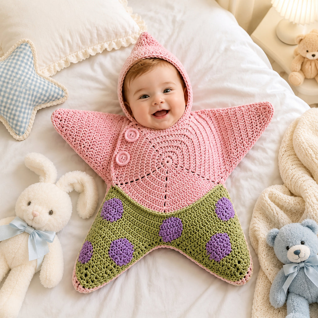 Personalized Star Baby Swaddle, Cute Baby Star Cocoon, Custom Baby Star Romper Sleep Sack, Hooded Newborn Wrap, Handmade Crochet Knit Outfit, Custom Name Baptism Baby Shower Gift BABYSR07
