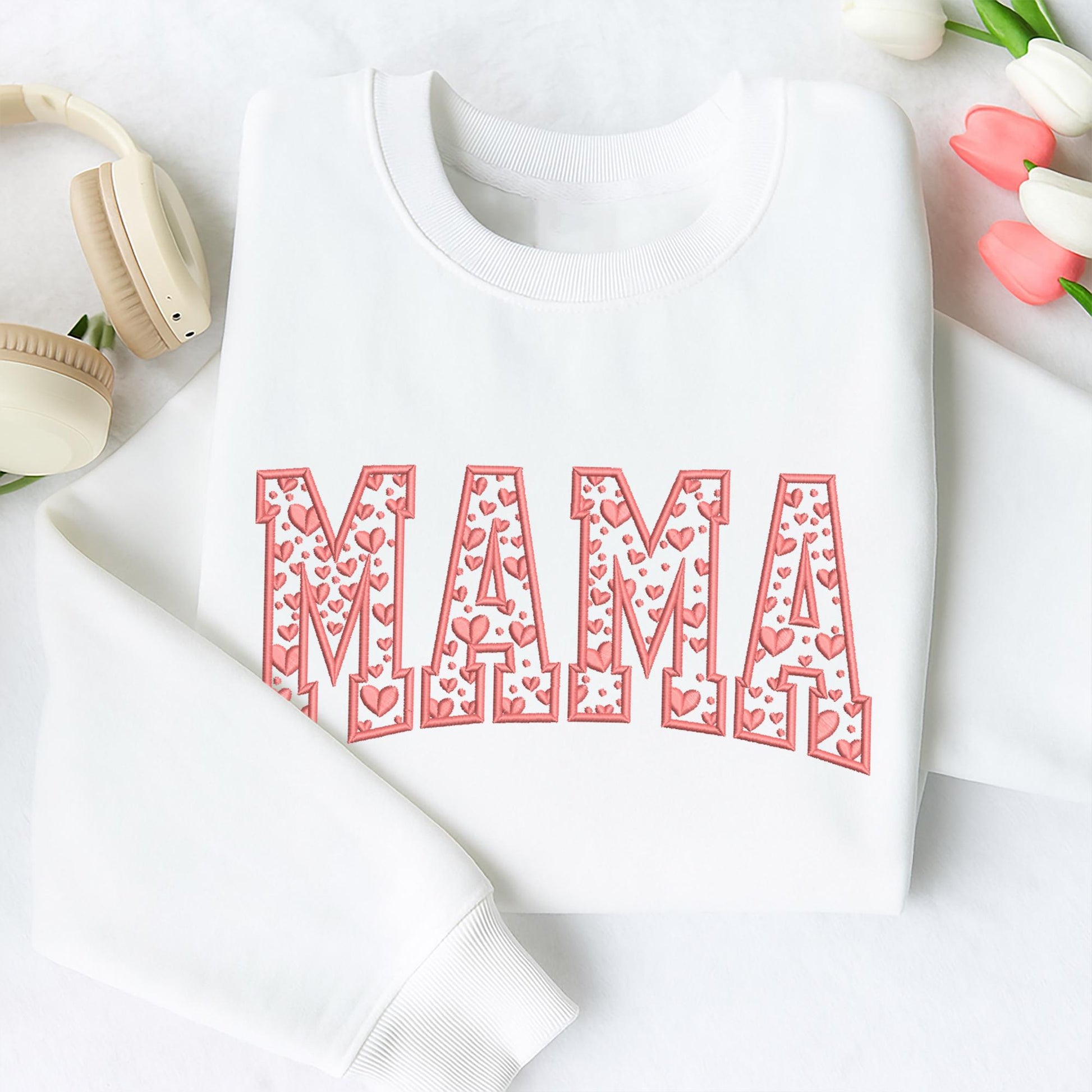 MAMA Heart Letter Embroidered Sweatshirt, Mom Valentine Sweatshirt, Cozy Valentine’s Day Gift for Mom