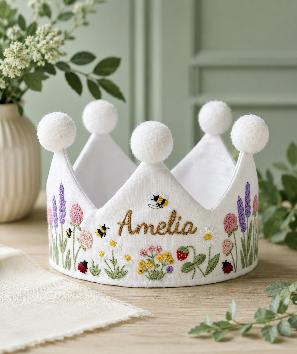 Hand-Embroidered Cute Flower Linen Birthday Crown, Personalized Floral Name Keepsake, Birthday Crown For Kid, Custom Embroidered Crown EMC06