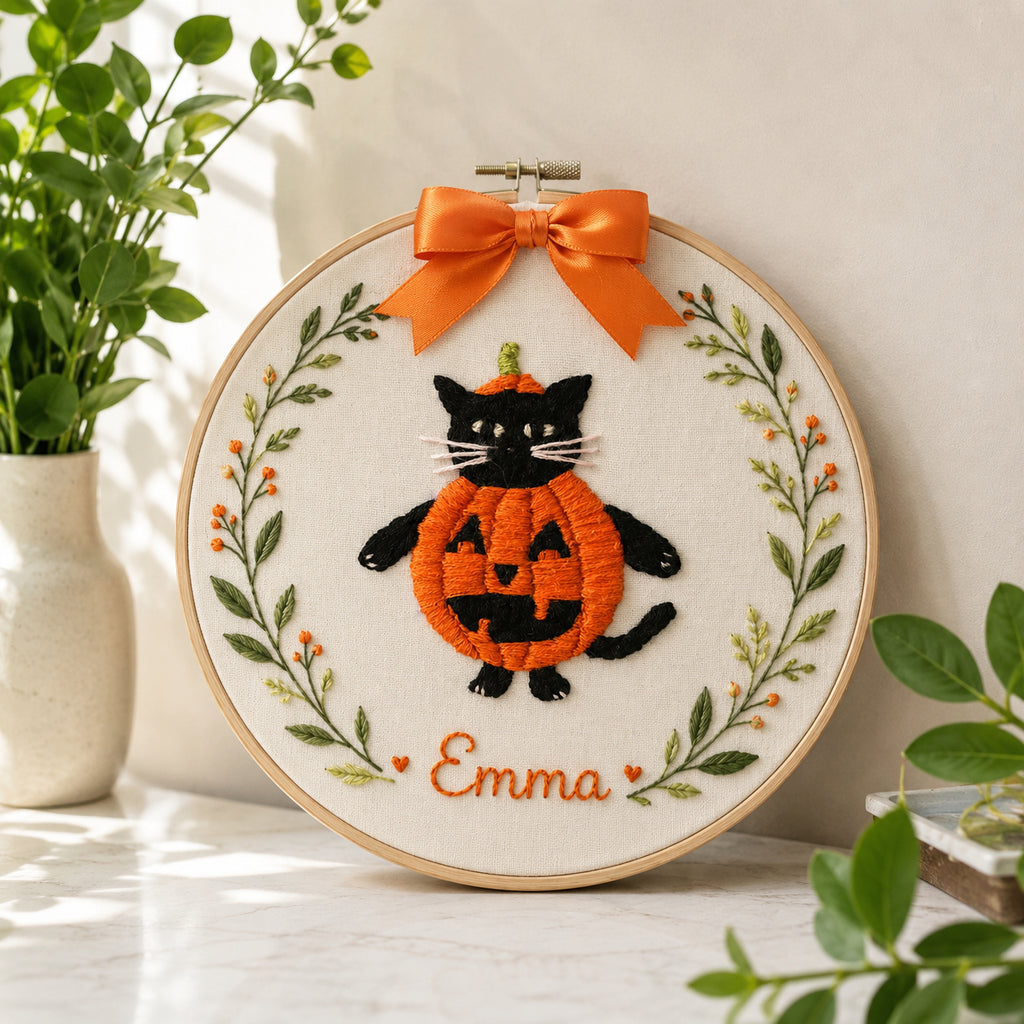 Halloween Pumpkin Black cat Hand-Embroidery Hoop, Custom Fall Decor, Handmade Black Cat Wall Art, Halloween Embroidered Gift HOOP08