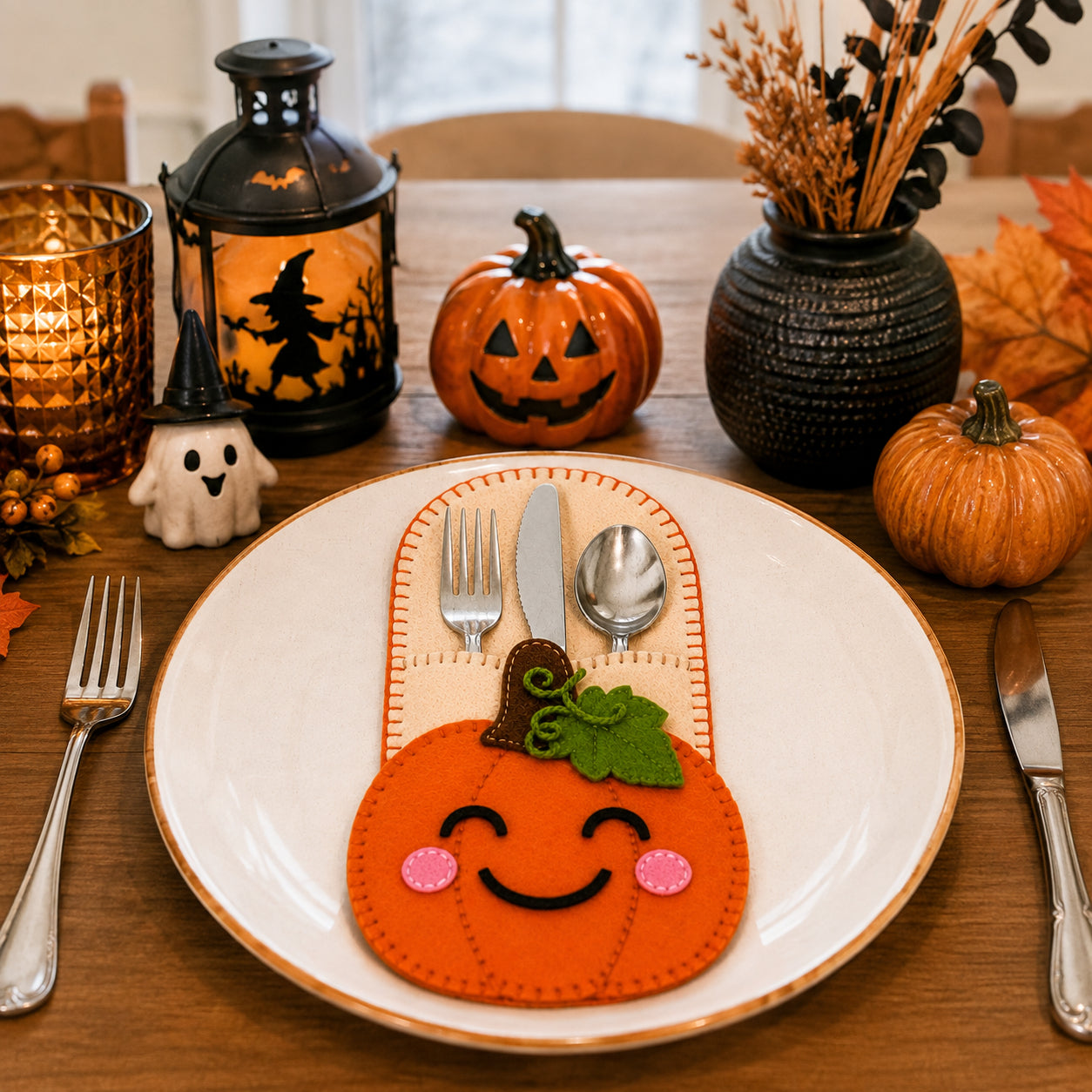 Halloween Pumpkin Felt Cutlery Holder, Handmade Halloween Silverware Holder, Halloween Table Decor, Cutlery Pocket, Holiday Dining Decor FELTCH07