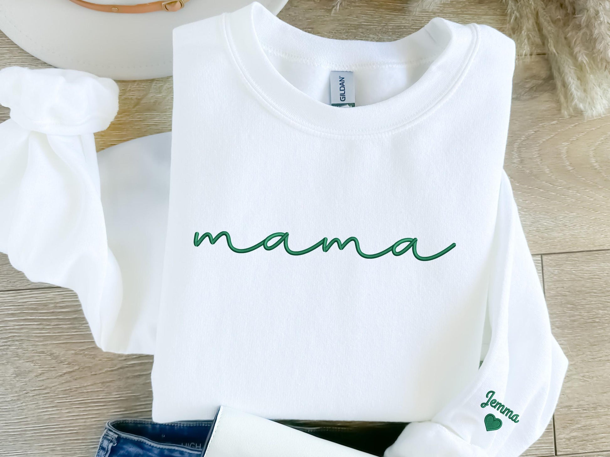 Embroidered Personalized Mama Sweatshirt, Custom Kids Names on Sleeve, Mother’s Day Gift