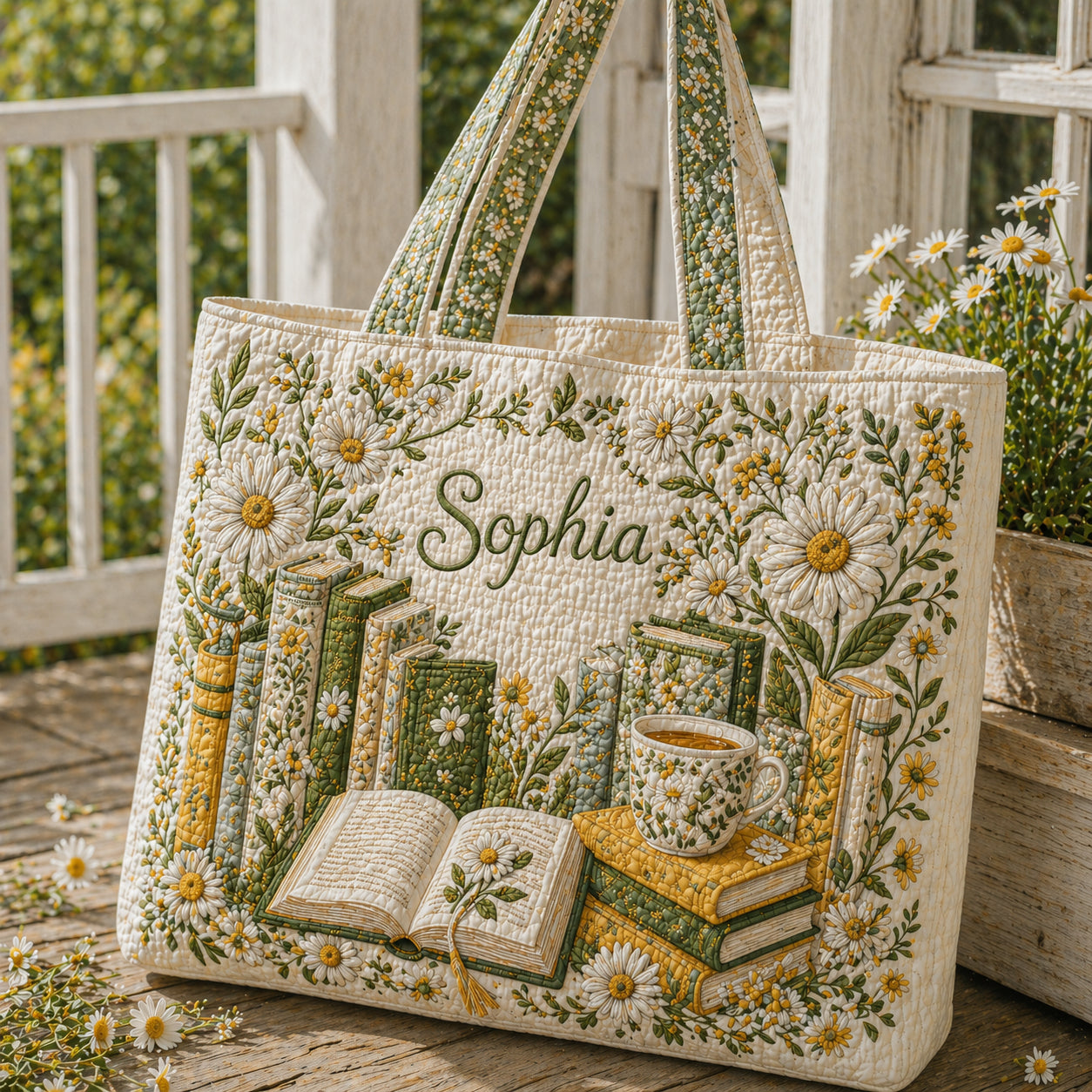 Floral Book Quilted Tote Bag, Book Pattern Tote Bag, Quilted Shoulder Bag, Quilted Book Bag, Fabric Bag QTOTE75
