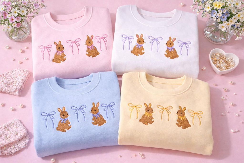 Pastel Bunny Embroidered Sweatshirt with Bows, Cute Cottagecore Crewneck Pullover, Personalized  Easter Aesthetic Sweater, Soft Girl Spring Easter Outfit,