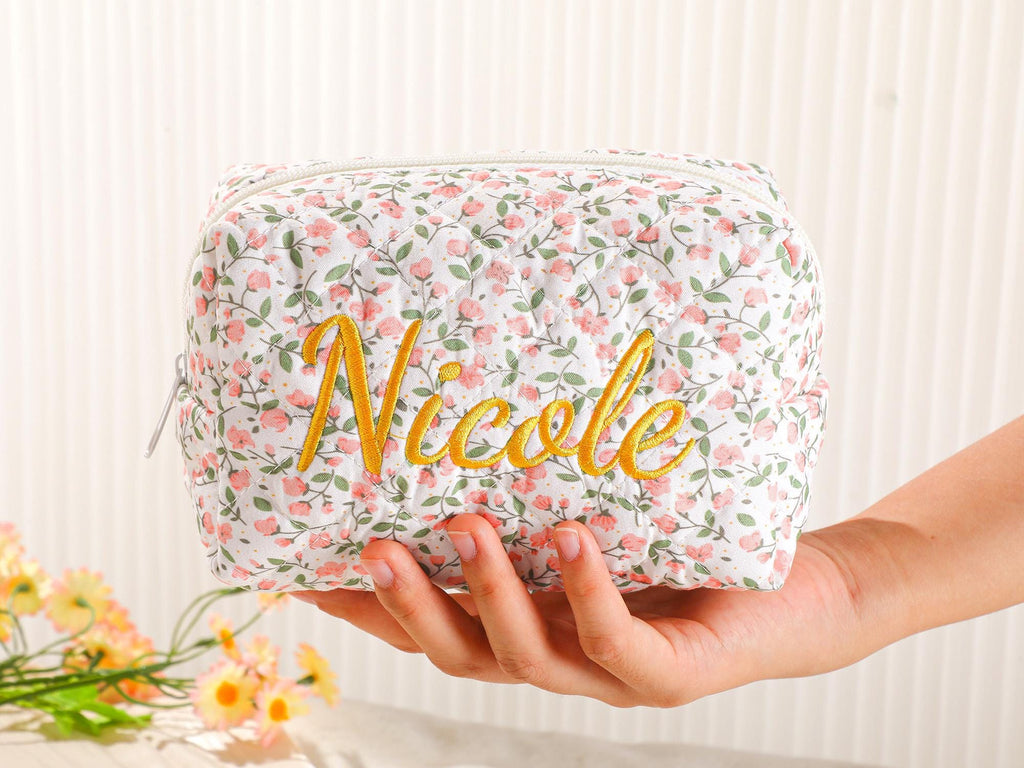 Personalized Embroidered Makeup Bag – Custom Floral Cosmetic Bag, Travel Makeup Pouch, Bridesmaid Gift for Her