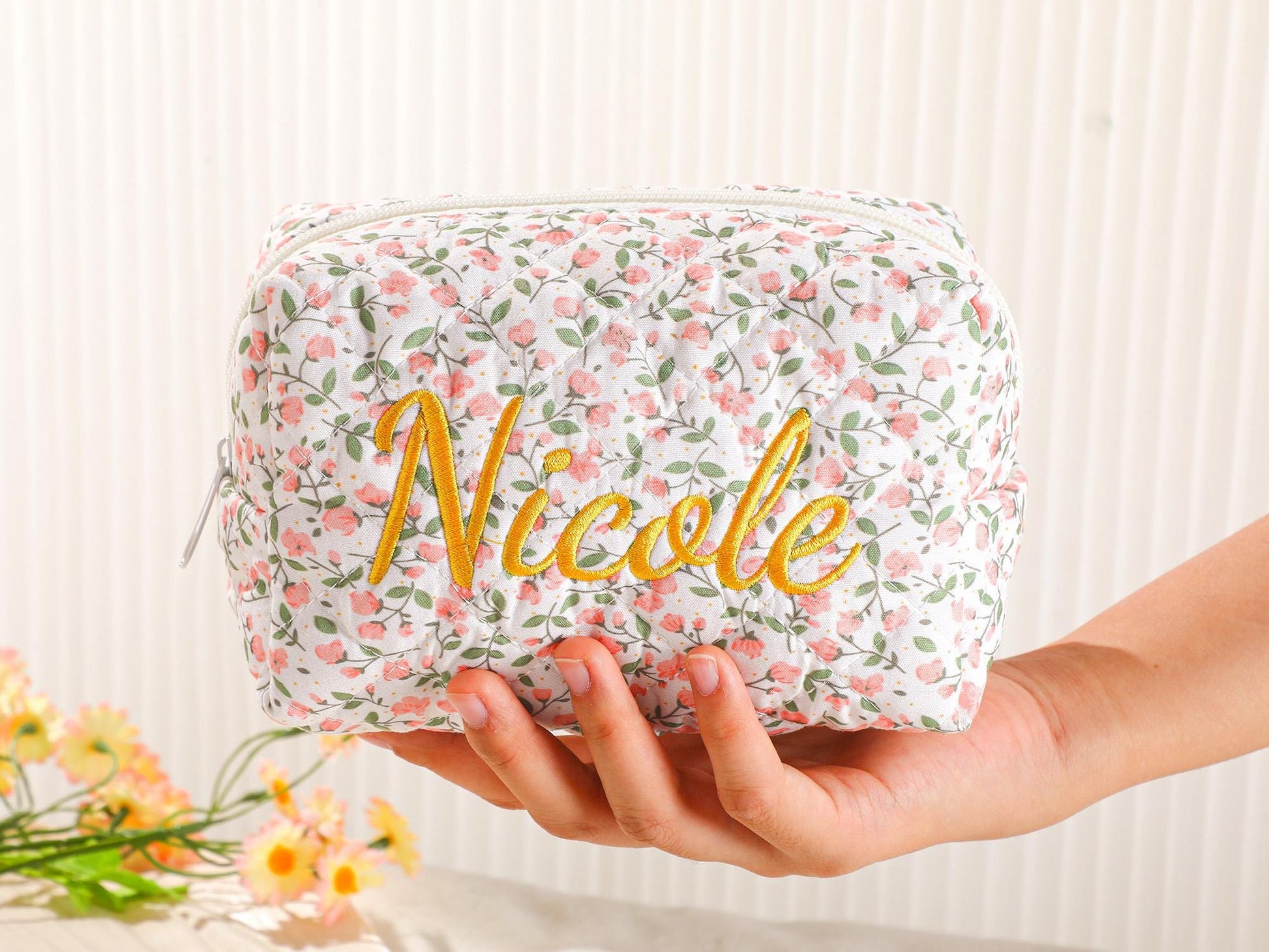 Personalized Embroidered Makeup Bag – Custom Floral Cosmetic Bag, Travel Makeup Pouch, Bridesmaid Gift for Her