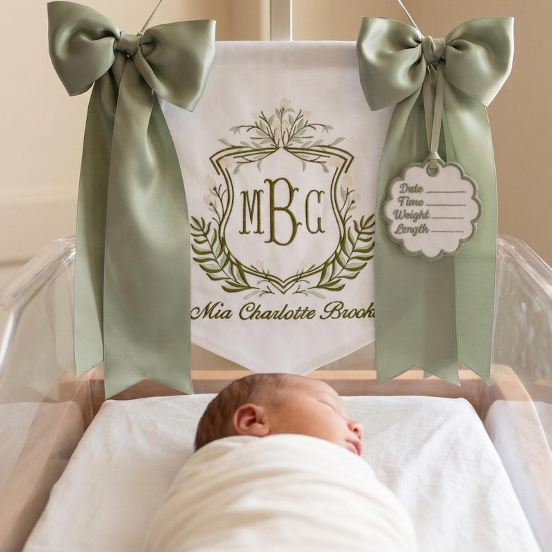Personalized Flower Baby Banner, Custom Name Sign, Baby Name Banner, Monogram Hospital Door Hanger, Baby Shower Gift BBFLAG07