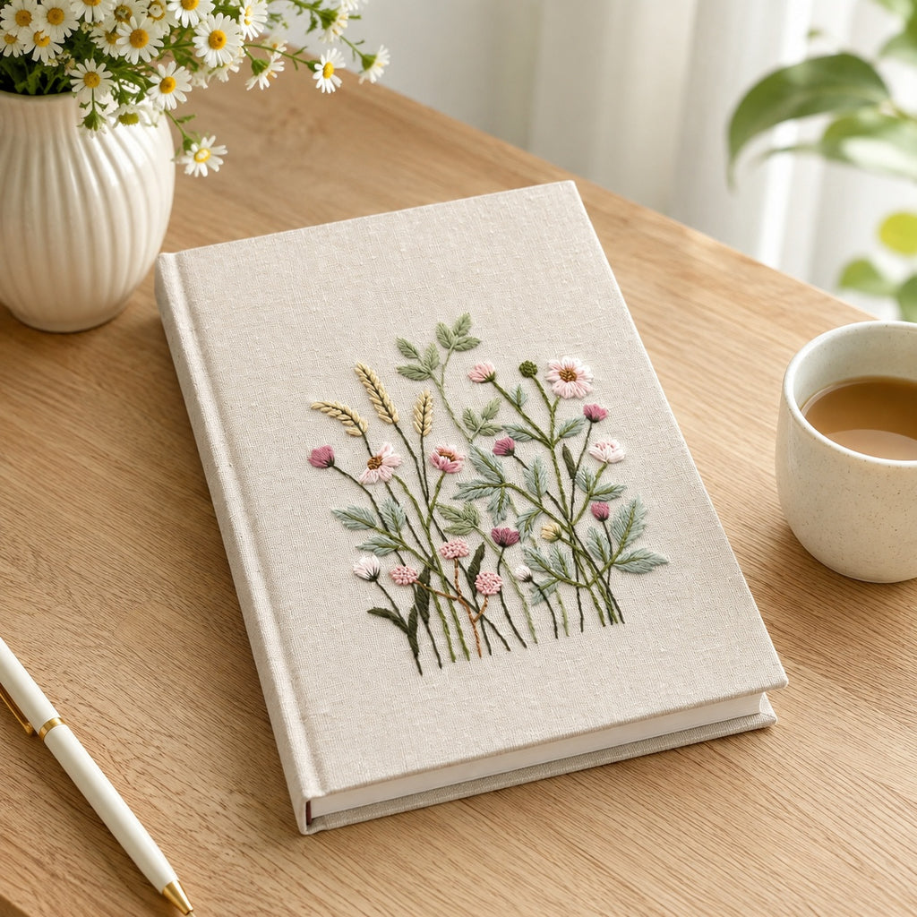 Hand Embroidered Journal Notebook, Personalized Floral Notebook With Name, Linen Fabric Hard Cover Notebook, Special Custom Handmade Gift and Keepsakes ENB02