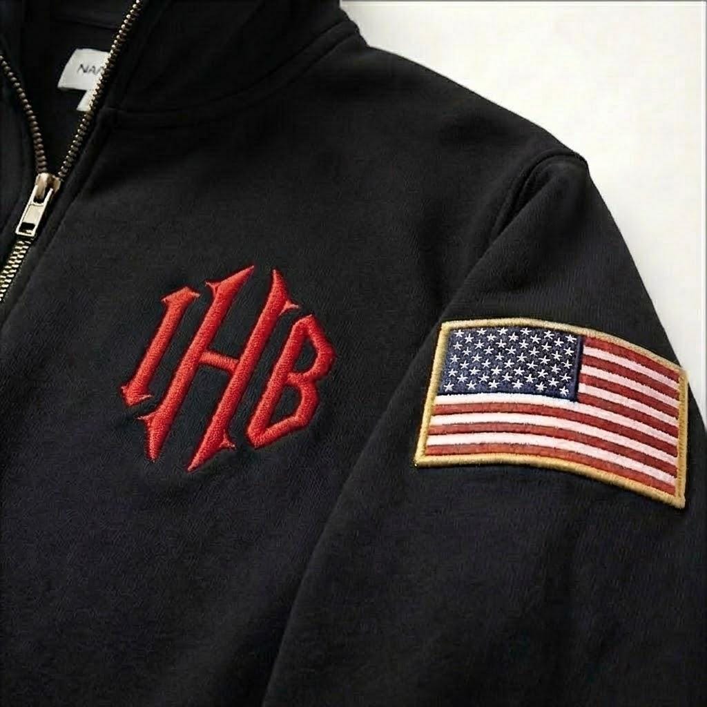 Personalize your J.E.E Epstein 1/4 zip-up sweatshirt with embroidered name, personalize your sleeve flag, JEE monogram embroidered t-shirt