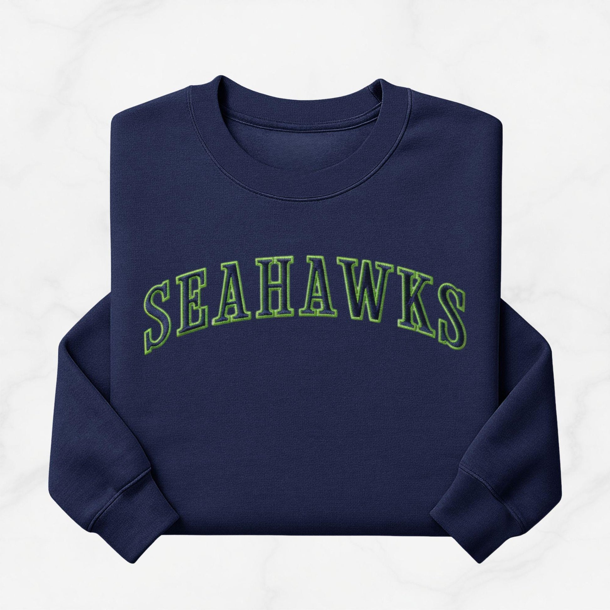 Embroidered Seahawks Crewneck Sweatshirt, Green and Navy Lettering, Seattle Football Fan Merch Apparel