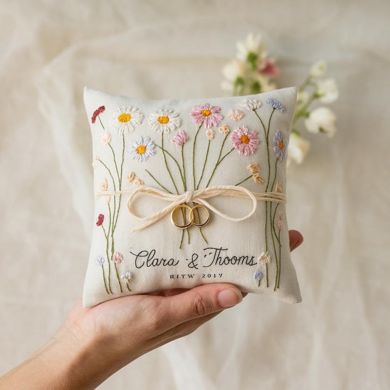 Personalized Embroidered Pastel Floral Wedding Ring Bearer Pillow, Custom Wedding Ring Pillow, Wedding Keepsake Gift WPILLOW06