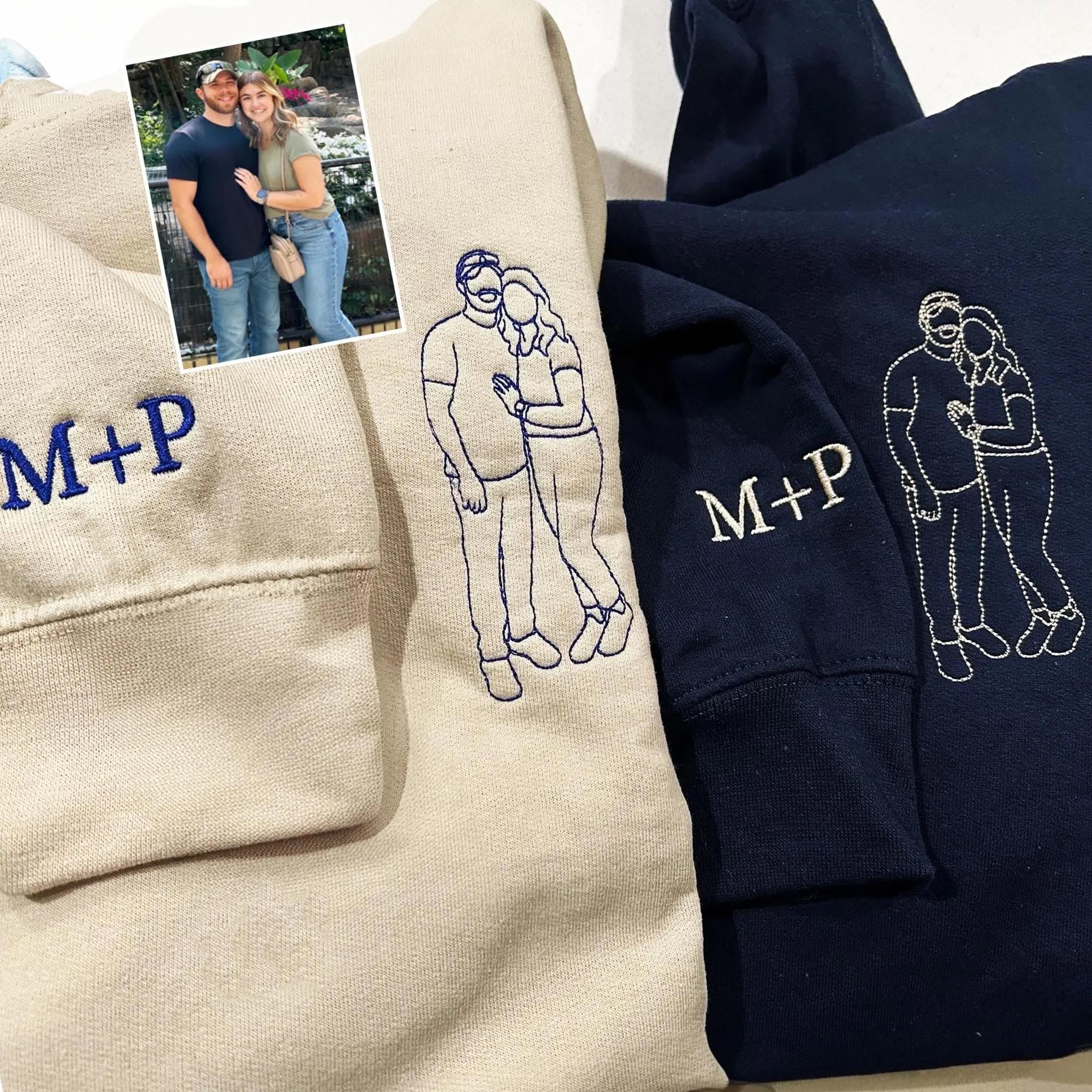 Custom Embroidered Couple Portrait From Photo Hoodie, Matching Hoodies For Couples, Anniversary Gifts For Boyfriend, Gift For Husband