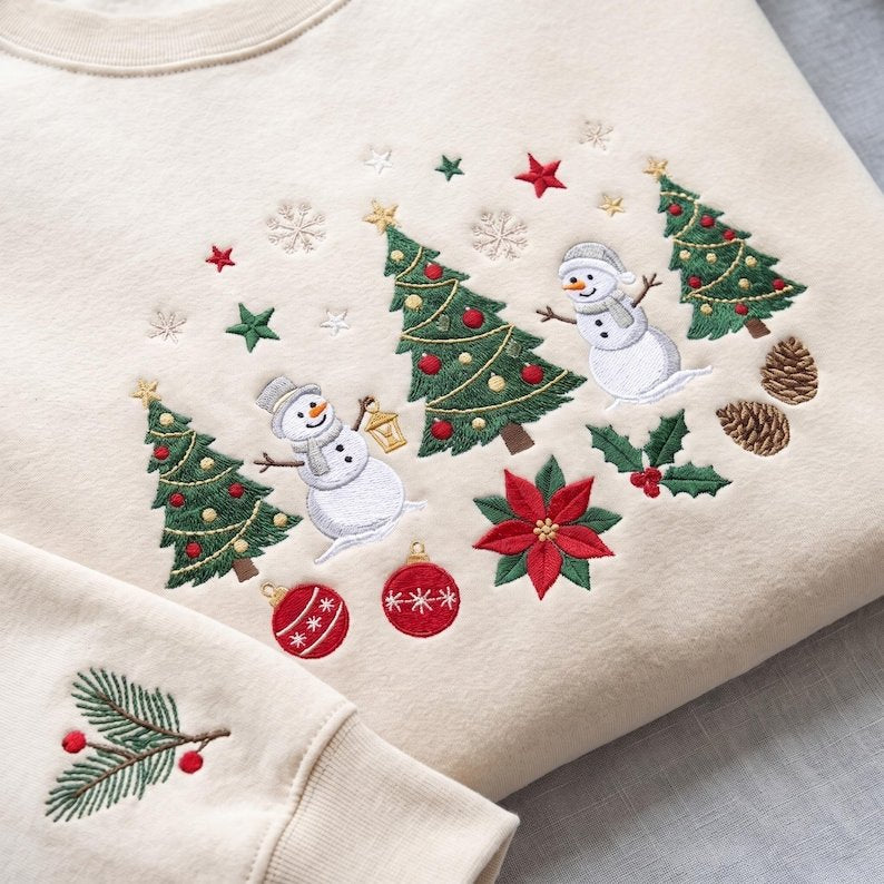 Christmas Embroidered Sweatshirt with Snowman and Christmas Tree, Holiday Crewneck, Cute Winter Christmas Gift XMASS05