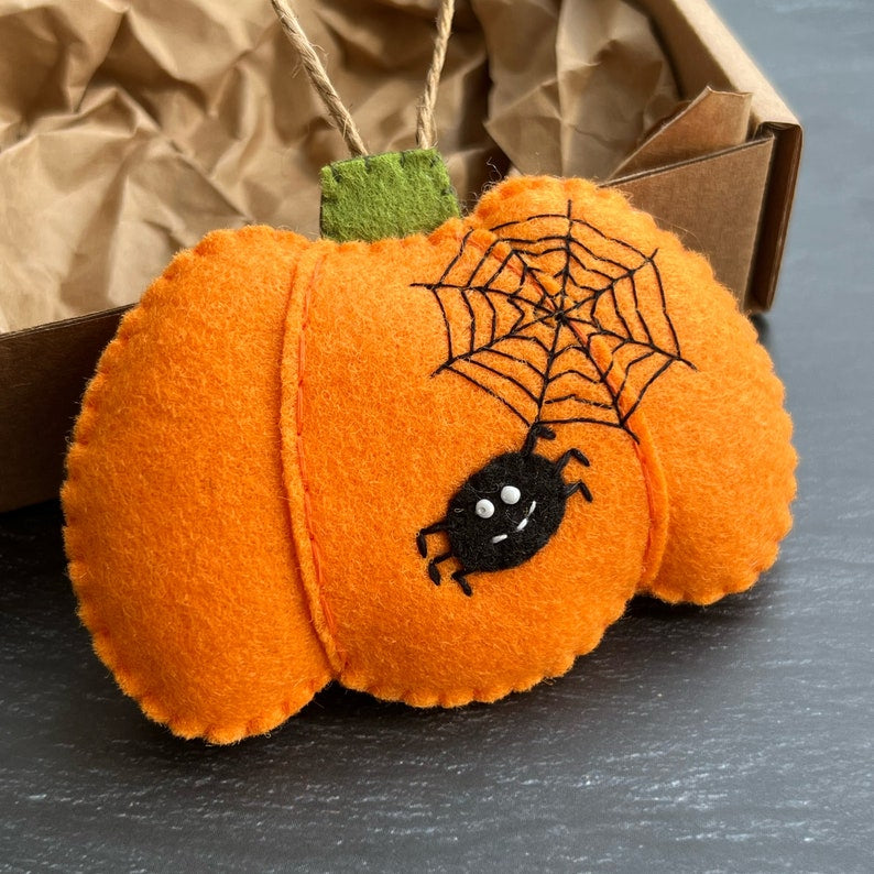 Halloween Pumpkin Felt Ornament, Custom Embroidery Halloween Ornament, Cute Pumpkin Spider Ornament, Hanging Decoration, Spooky Halloween Gift HFOR07
