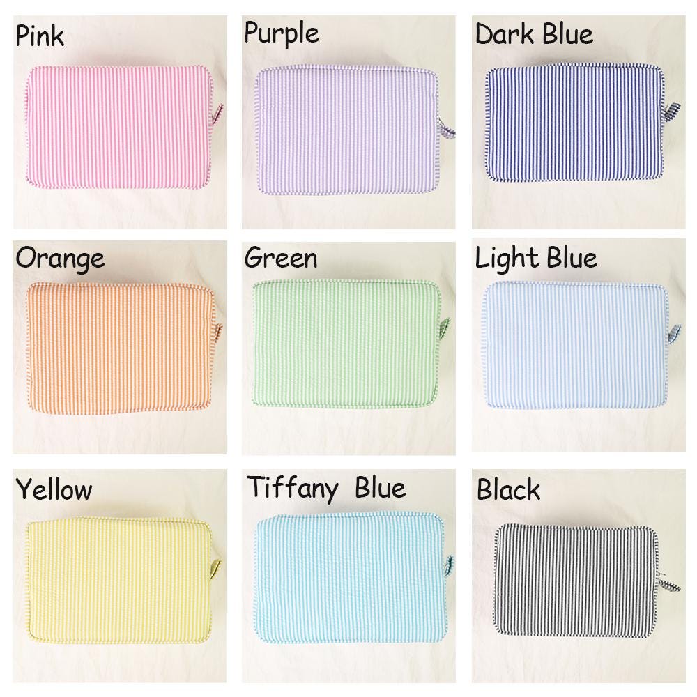 Custom Embroidered Seersucker Toiletry Bag, Personalized Name Travel Pouch, Bridesmaid Gift