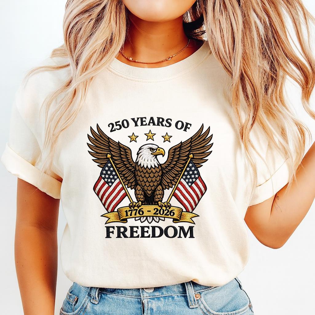 250 Years of Freedom Embroidery Sweatshirt – USA Eagle Patriotic Machine Embroidery Sweatshirt, American Flag 1776–2026
