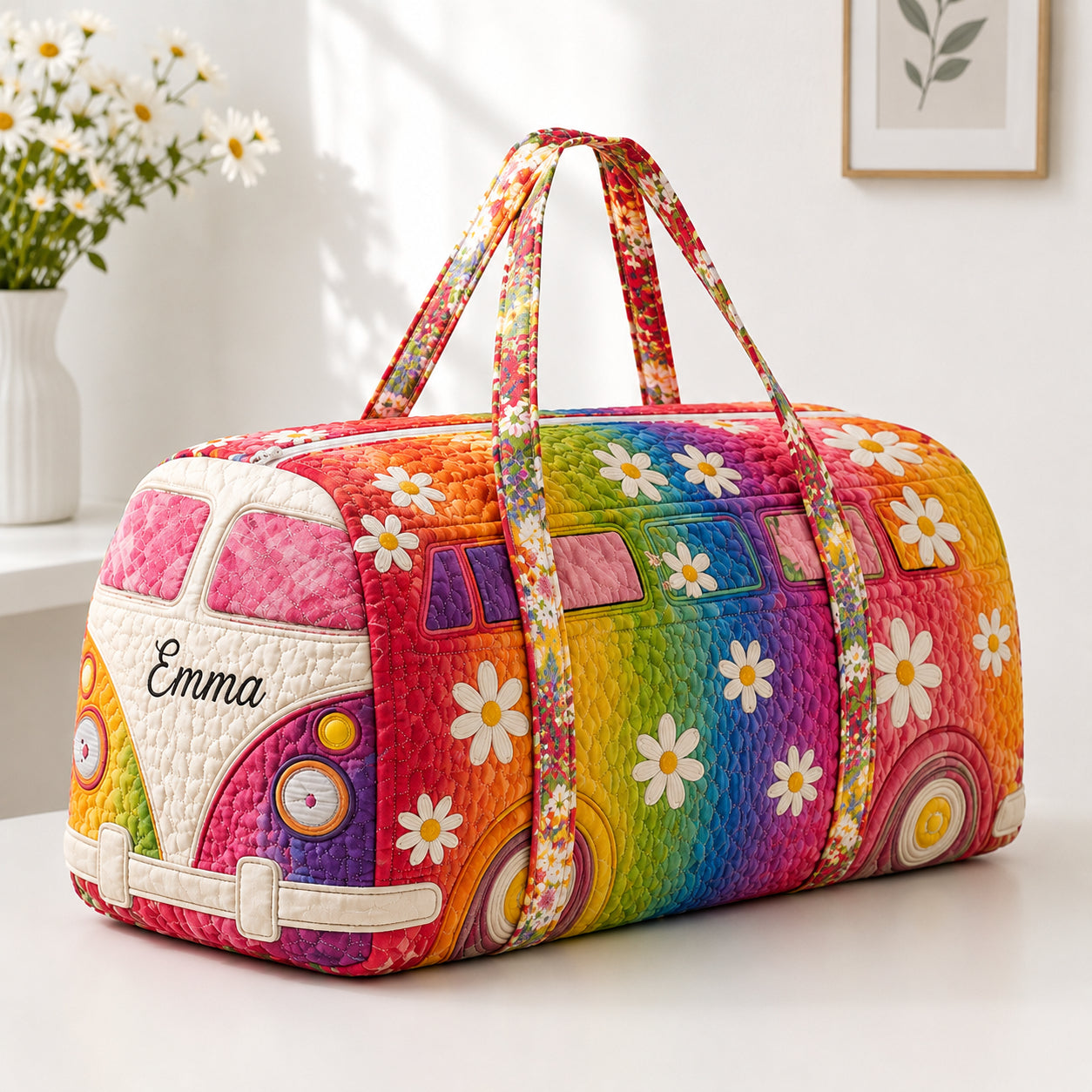 Rainbow Camper Van Quilted Duffle Bag, Daisy Floral Weekender Bag, Quilted Travel Bag, Trip Bag Gift QTTVB05