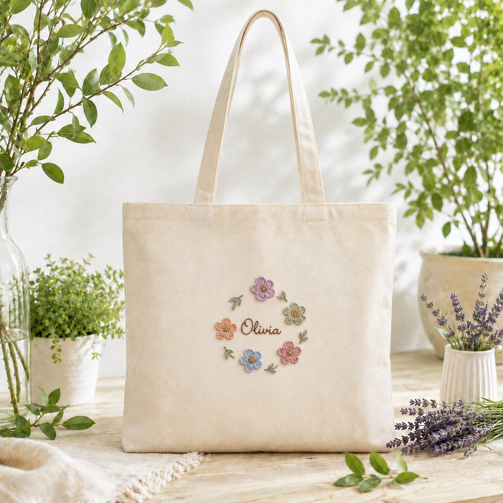 Personalized Hand Embroidered Lavender Canvas Tote Bag, Embroidery Flower Tote Bag, Custom Bag, Aesthetic Bag, Handmade Tote Bag EMT07