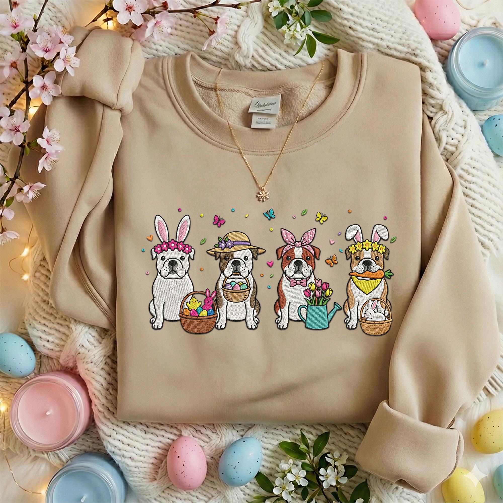 Embroidered American Bulldog Sweatshirt, Cute Bunny Ears Dog Crewneck, Spring Easter Puppy Shirt, Floral Bully Mom Gift, Holiday Art