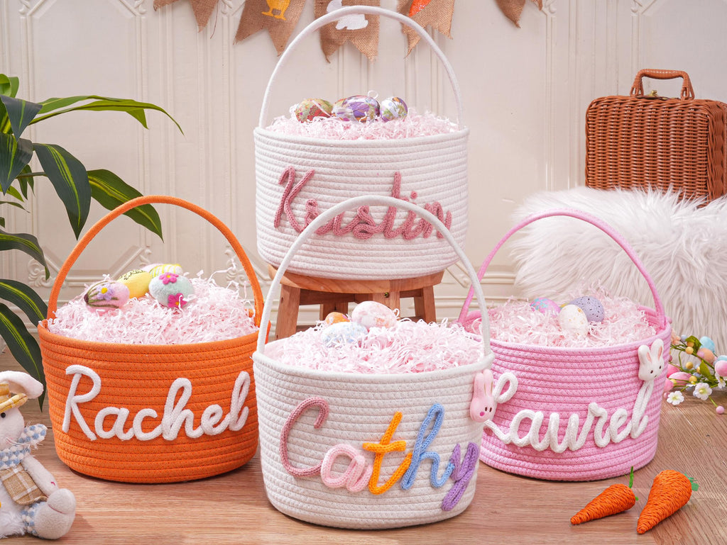 Personalized Easter Basket with Name, Handwoven Rope Basket, Easter Bunny Gift for Kids, Easter Egg Hunt Basket, Baby Shower Gift