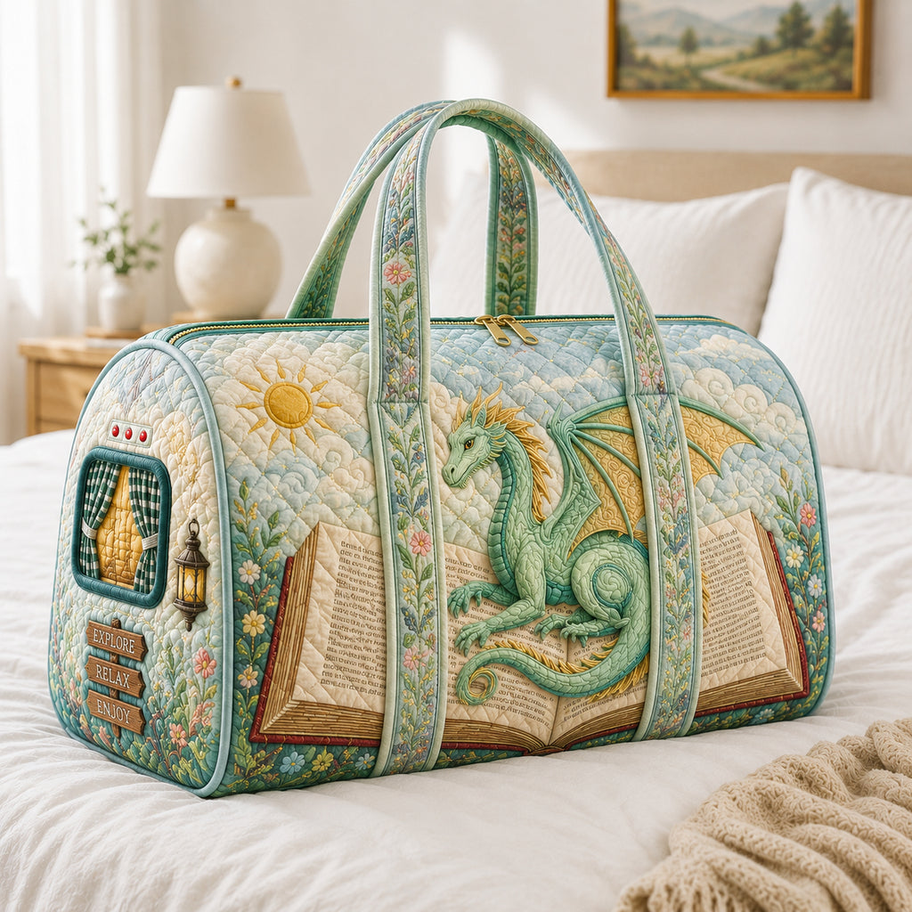 Personalized Book Dragon Quilted Duffle Bag, Fantasy Reader Travel Bag, Custom Book Lover Weekender, Dragon Gift DFB29