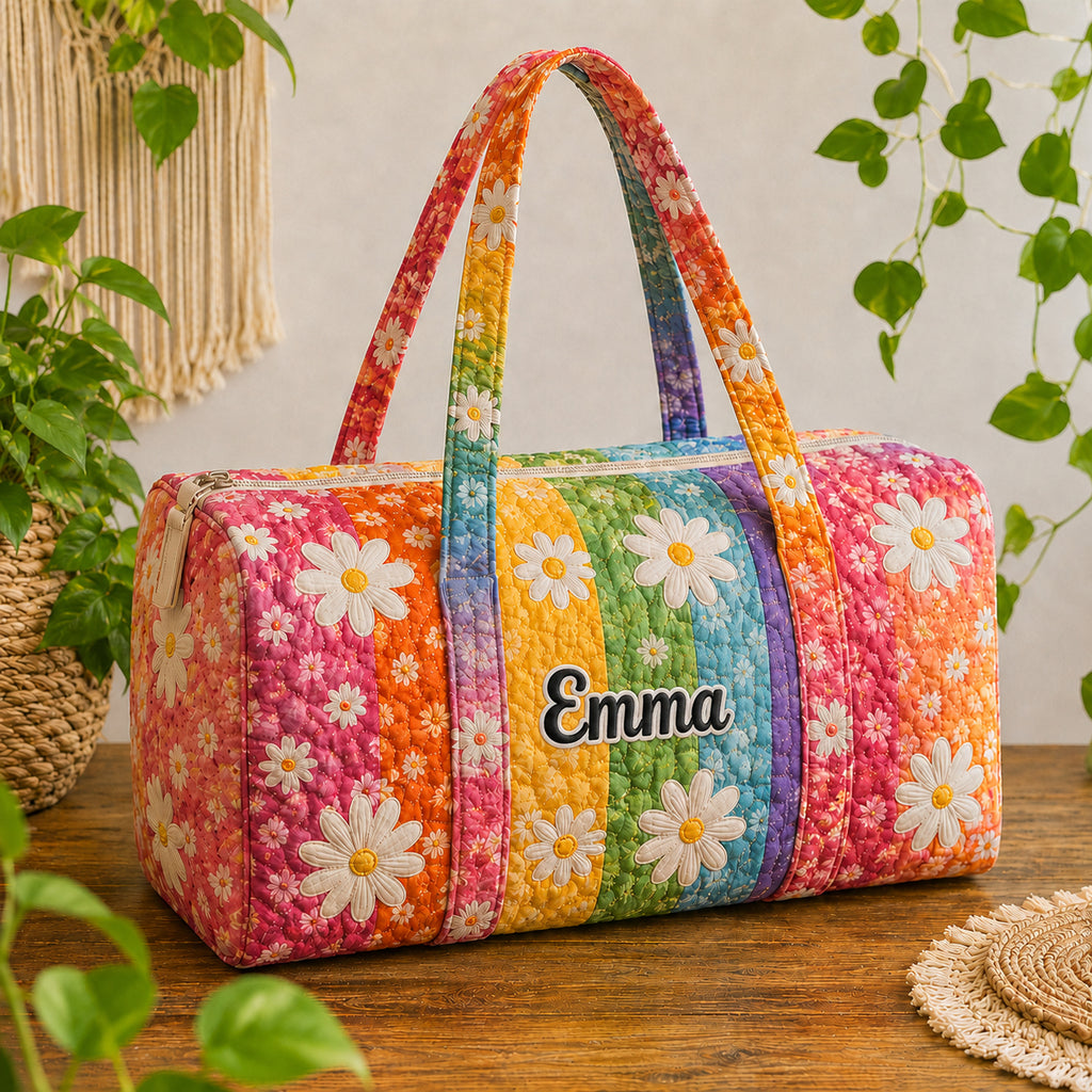 Colorful Daisy Quilted Duffle Bag, Daisy Pattern Duffle Bag, Overnight Bag, Quilted Travel Bag, Quilted Weekend Bag, Custom Bag Gift DFB19