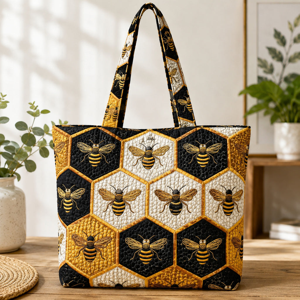 Bee Quilted Tote Bag, Bee Pattern Tote Bag, Quilted Shoulder Bag, Quilted Book Bag, Fabric Bag QTOTE58