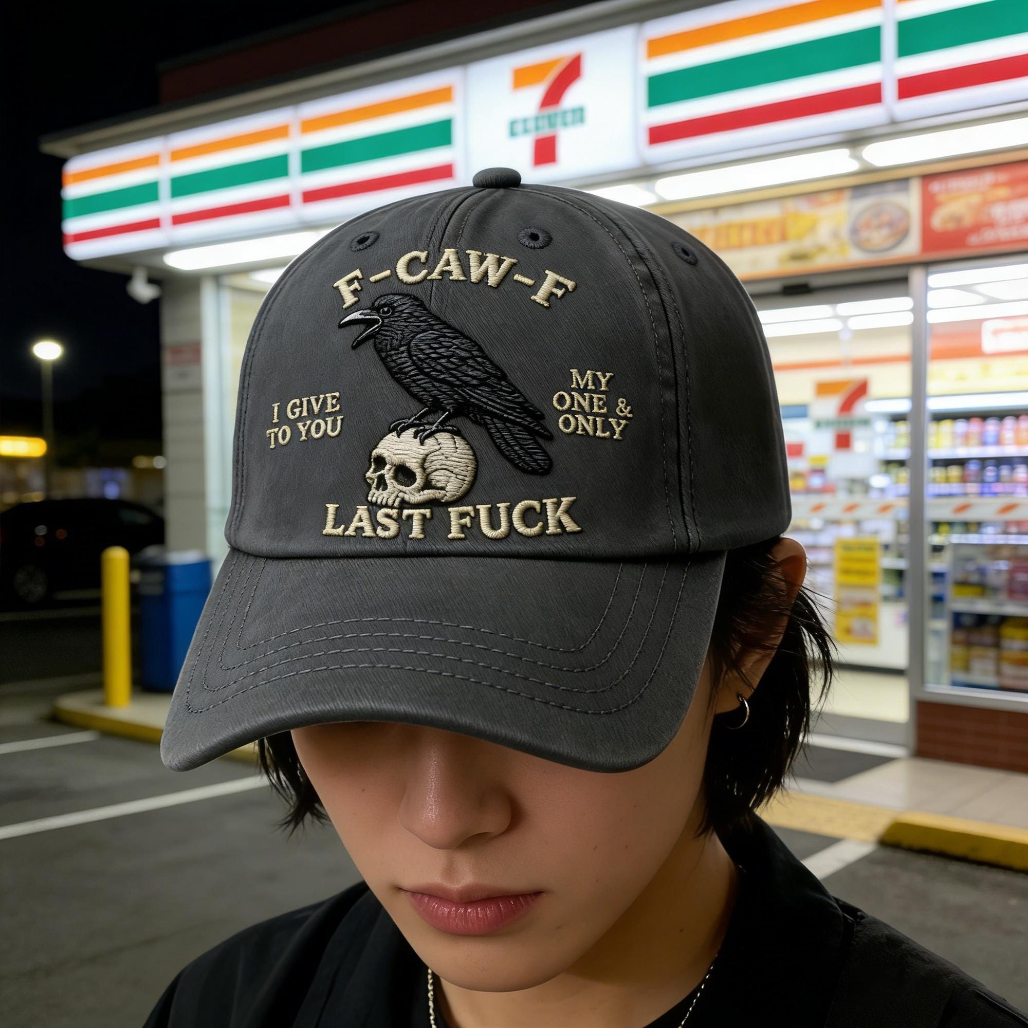 Hand-Embroidered F-Caw-F Crow Baseball Cap | Unisex Black Bird Graphic Hat