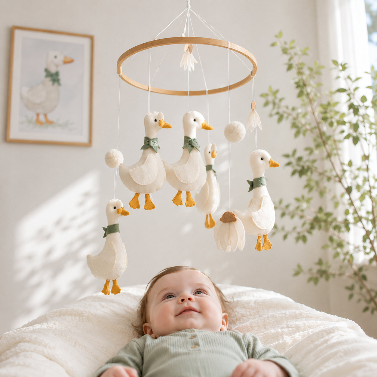 Personalized Goose Family Felt Baby Mobile, Handmade Duck Nursery Crib Mobile, Farmhouse Baby Mobile, Neutral Baby Room Decor BBMB07