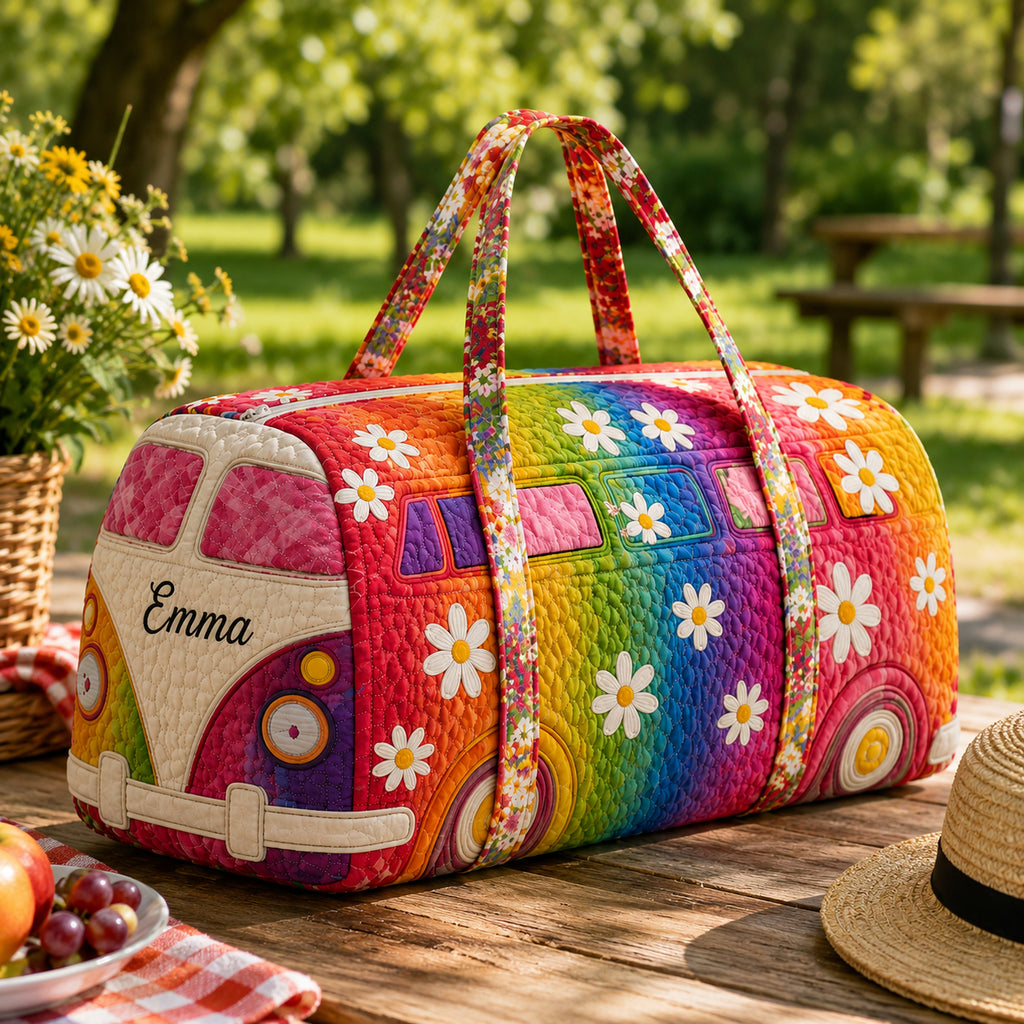 Rainbow Camper Van Quilted Duffle Bag, Daisy Floral Weekender Bag, Quilted Travel Bag, Trip Bag Gift QTTVB05