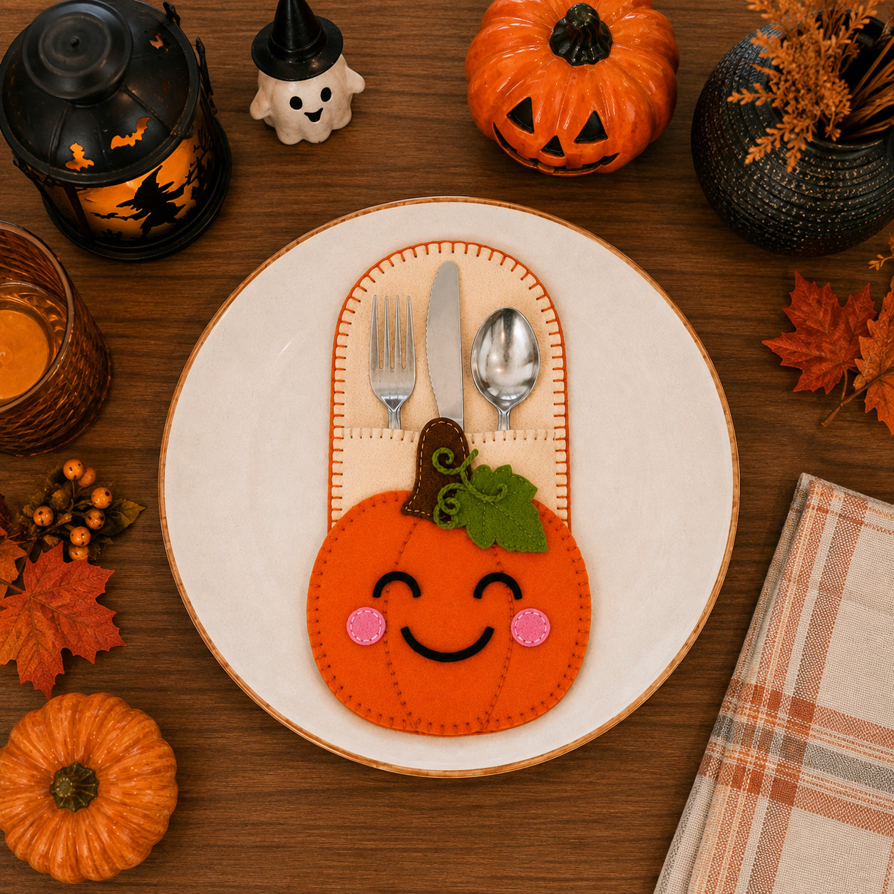 Halloween Pumpkin Felt Cutlery Holder, Handmade Halloween Silverware Holder, Halloween Table Decor, Cutlery Pocket, Holiday Dining Decor FELTCH07