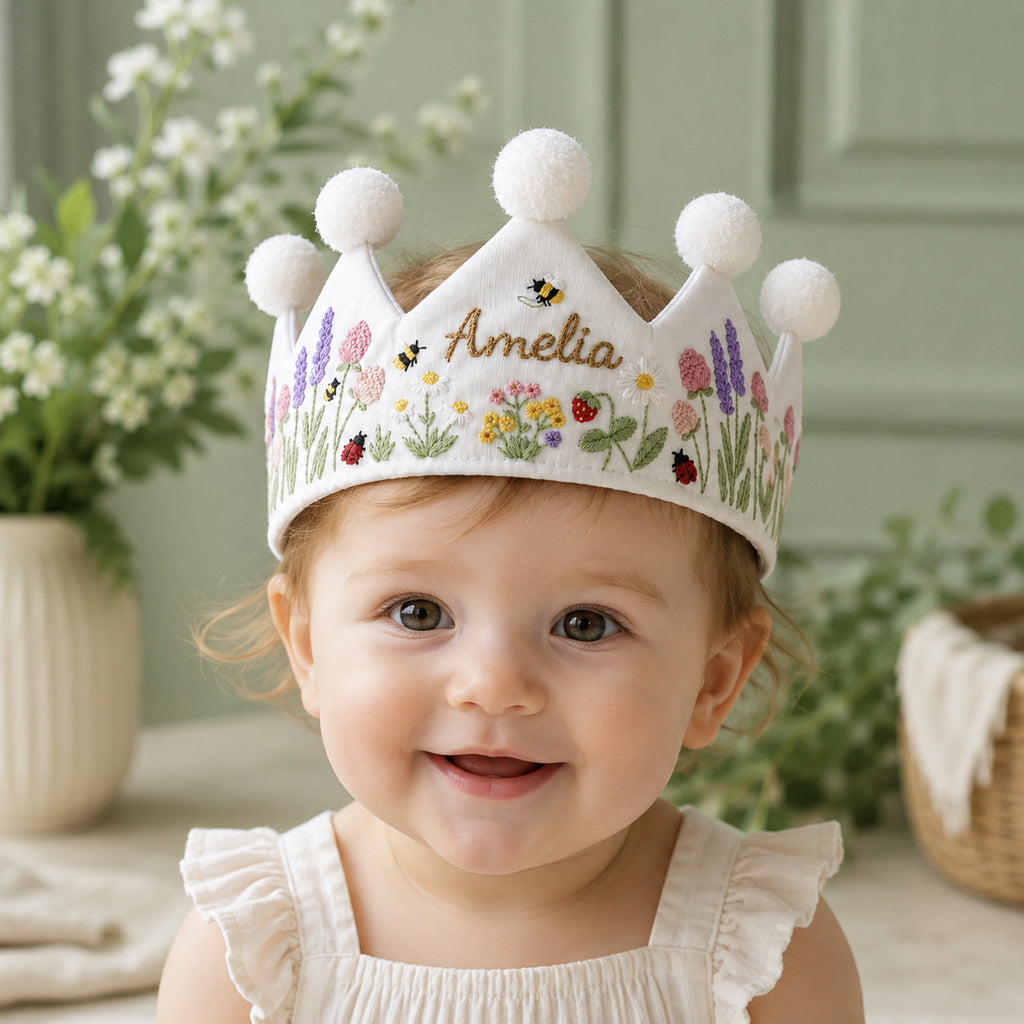 Hand-Embroidered Cute Flower Linen Birthday Crown, Personalized Floral Name Keepsake, Birthday Crown For Kid, Custom Embroidered Crown EMC06