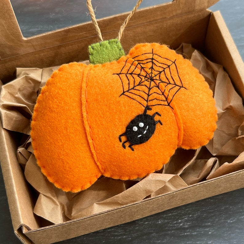 Halloween Pumpkin Felt Ornament, Custom Embroidery Halloween Ornament, Cute Pumpkin Spider Ornament, Hanging Decoration, Spooky Halloween Gift HFOR07