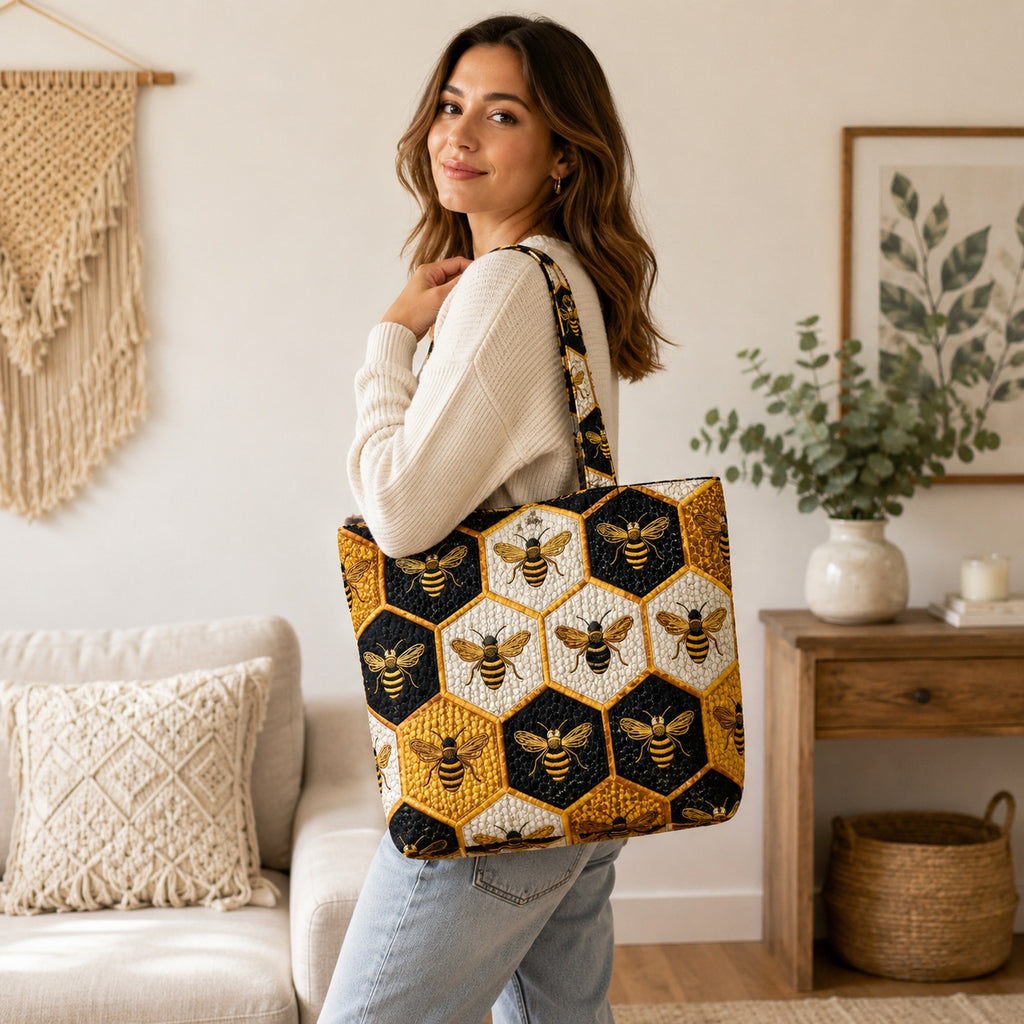Bee Quilted Tote Bag, Bee Pattern Tote Bag, Quilted Shoulder Bag, Quilted Book Bag, Fabric Bag QTOTE58