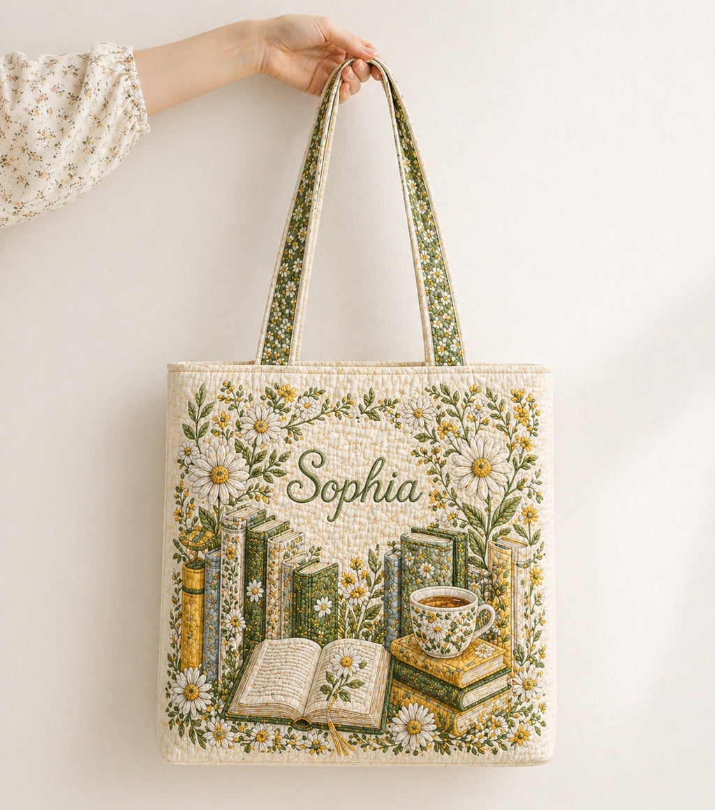 Floral Book Quilted Tote Bag, Book Pattern Tote Bag, Quilted Shoulder Bag, Quilted Book Bag, Fabric Bag QTOTE75