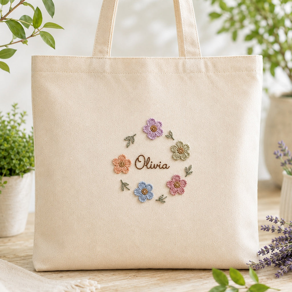 Personalized Hand Embroidered Lavender Canvas Tote Bag, Embroidery Flower Tote Bag, Custom Bag, Aesthetic Bag, Handmade Tote Bag EMT07