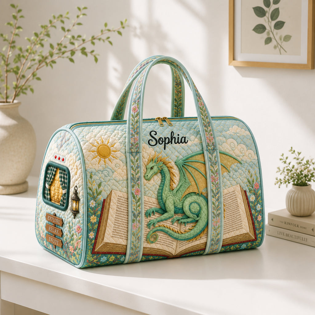 Personalized Book Dragon Quilted Duffle Bag, Fantasy Reader Travel Bag, Custom Book Lover Weekender, Dragon Gift DFB29
