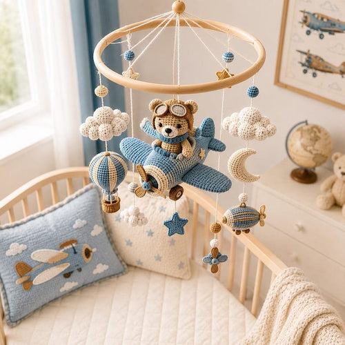 Bear Airplane Baby Crib Mobile, Handmade Crochet Aviation Mobile, Pilot Bear Nursery Decor, Airplane Baby Mobile, Baby Gift CrochetBBM06