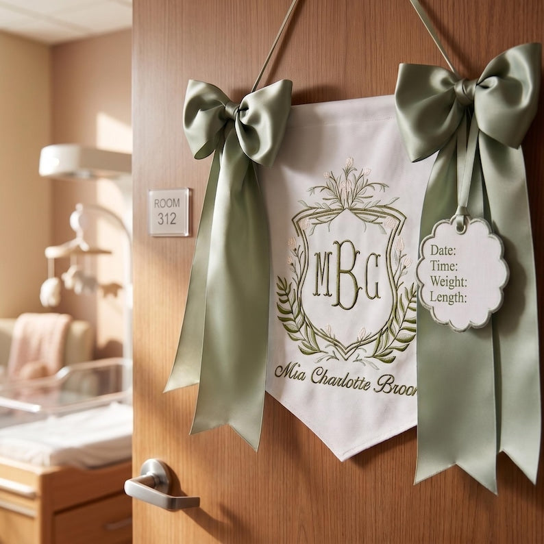 Personalized Flower Baby Banner, Custom Name Sign, Baby Name Banner, Monogram Hospital Door Hanger, Baby Shower Gift BBFLAG07