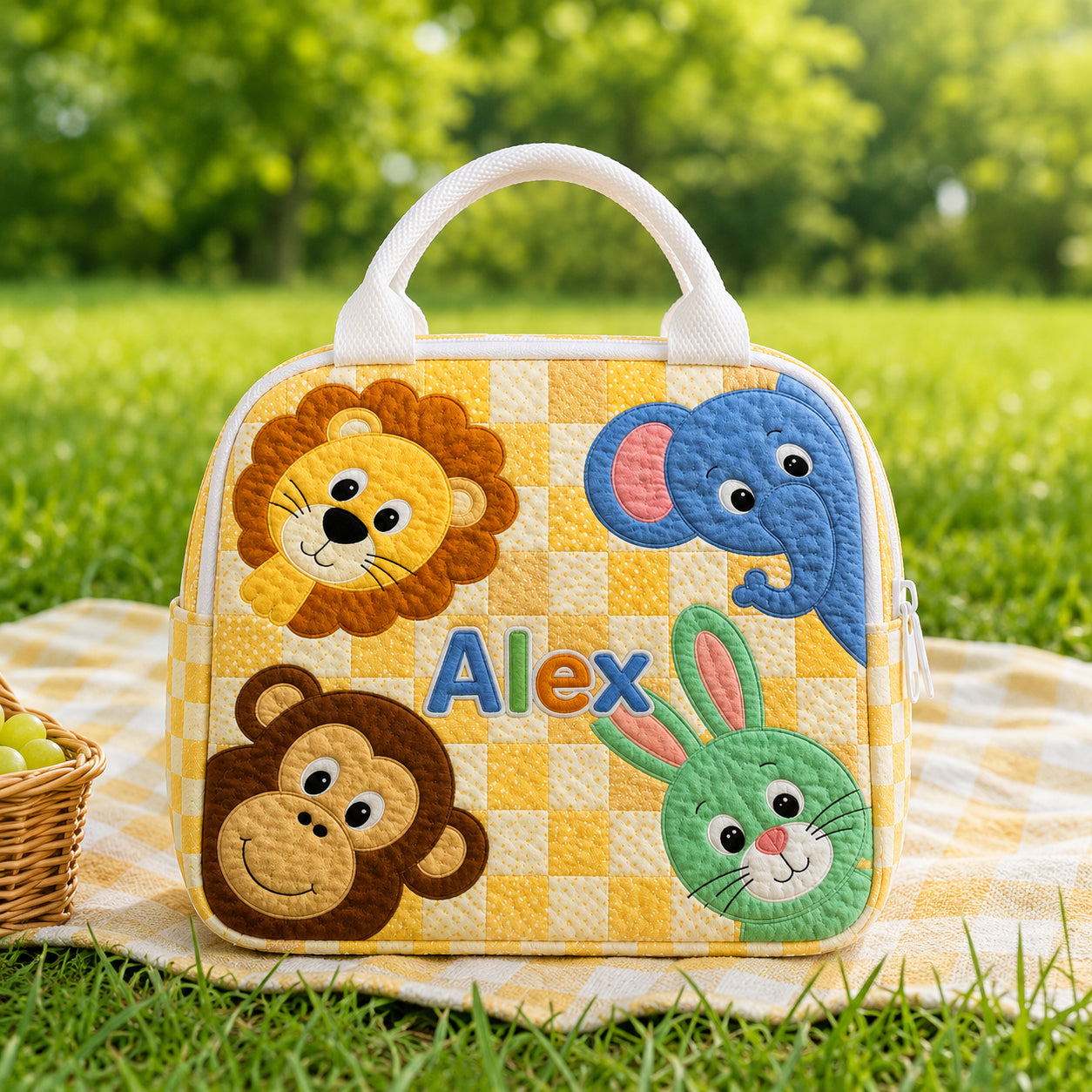 Cute Safari Animal Quilted Lunch Bag, Insulated Quilted Lunch Tote, Animal Lunch Bag, Custom Kid Lunch Bag, Back To School Bag, Picnic Bag, Reusable Lunch Tote QLB07