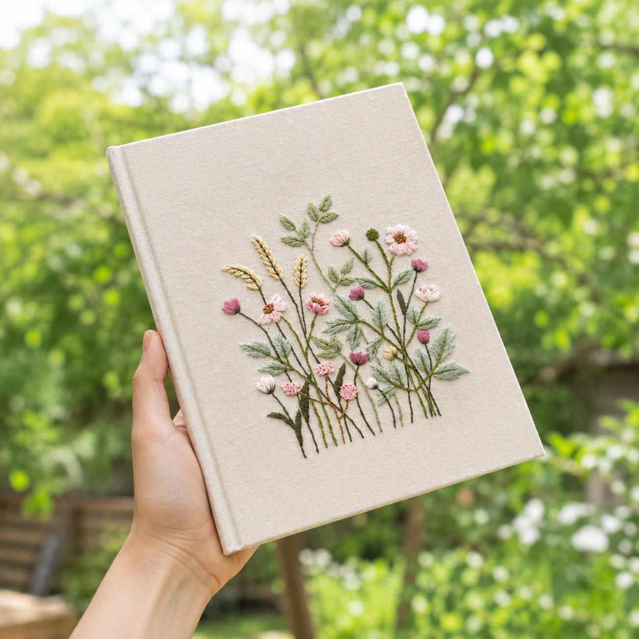 Hand Embroidered Journal Notebook, Personalized Floral Notebook With Name, Linen Fabric Hard Cover Notebook, Special Custom Handmade Gift and Keepsakes ENB02